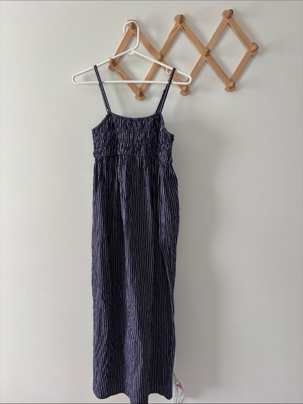 Blue stripe smocked spaghetti strap dress